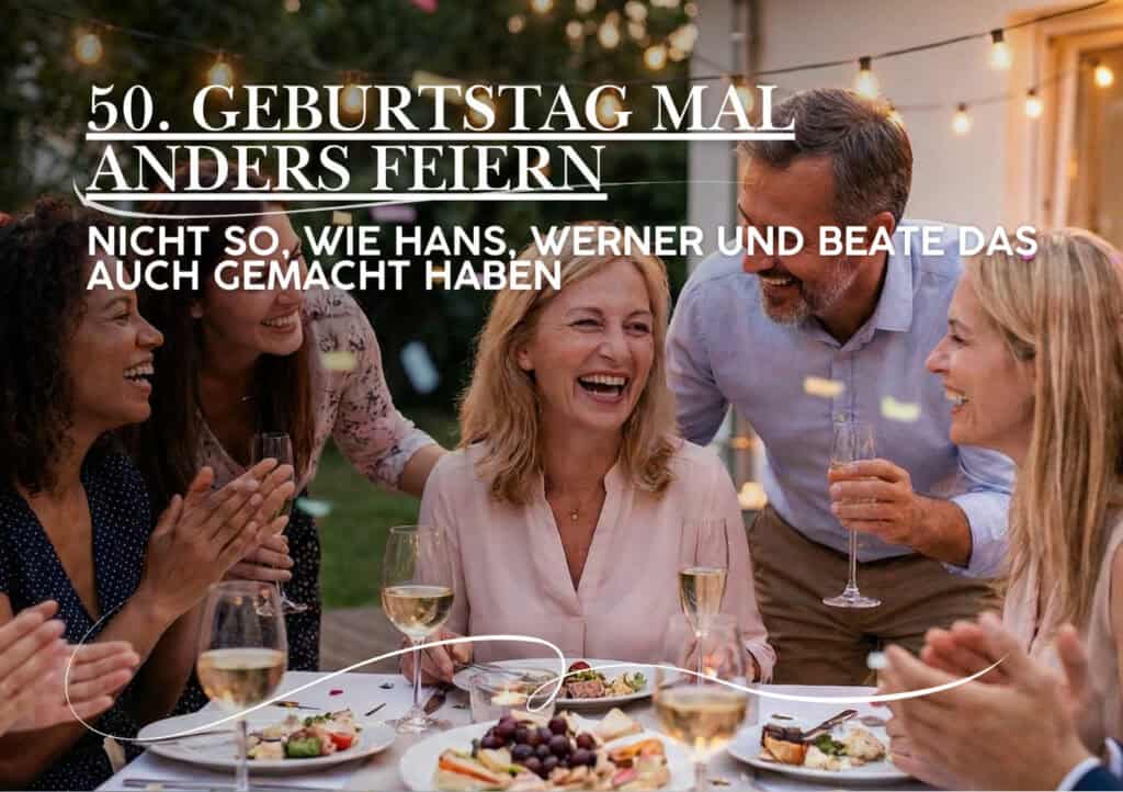 Eine Gruppe Erwachsener feiert den 50. Geburtstag einer Frau im Freien an einem dekorierten Tisch, lächelnd und mit Getränken in der Hand - die perfekte Inspiration für alle, die den 50. Geburtstag mal anders feiern möchten. Deutscher Text überlagert das Bild.