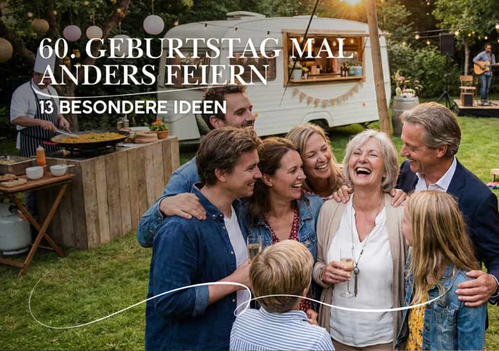 Eine Gruppe von Menschen unterschiedlichen Alters steht lächelnd und lachend bei einer Gartenparty im Freien zusammen, mit einem Essensstand und einem Wohnwagen im Hintergrund - die perfekte Inspiration für mal anders feiern 60. Geburtstag.