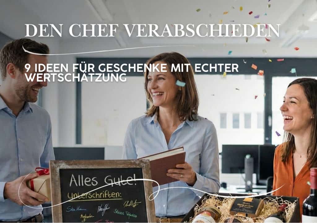 Drei Personen stehen in einem Büro, halten Geschenkkörbe in der Hand und lächeln, während um sie herum Konfetti fällt. Textüberlagerungen teilen kreative ideen abschiedsgeschenk chef für die Verabschiedung eines scheidenden Chefs.