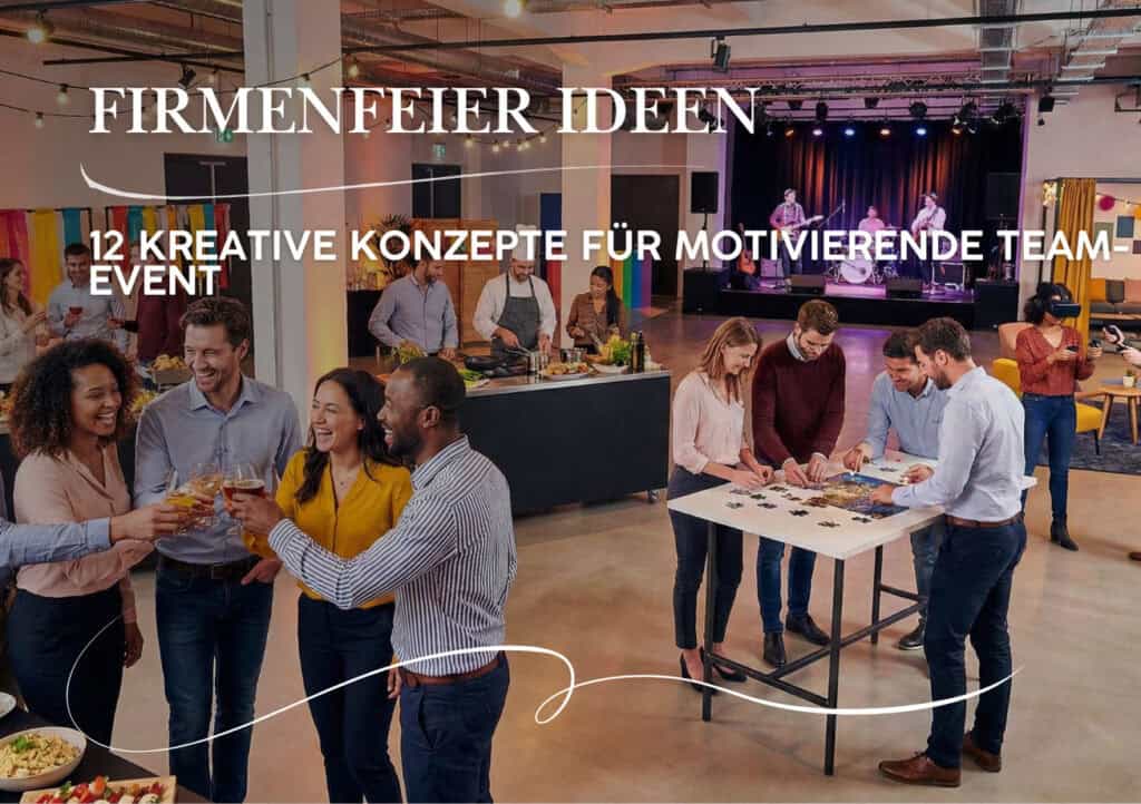Eine Gruppe Erwachsener, die in einem geräumigen, modernen Veranstaltungssaal mit Bühne zusammenkommt, kocht und gemeinsam etwas unternimmt - perfekt für kreative Firmenfeier Ideen oder alle, die innovative Firmenfest Ideen suchen.