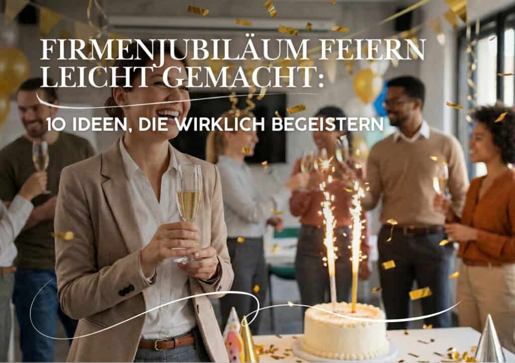 Menschen feiern ein Firmenjubiläum in einem Büro mit Sekt, Kuchen, Luftballons und Konfetti; deutscher Text über einfache Firmenjubiläum Ideen und inspirierende ideen für firmenjubiläum überlagert das Bild.
